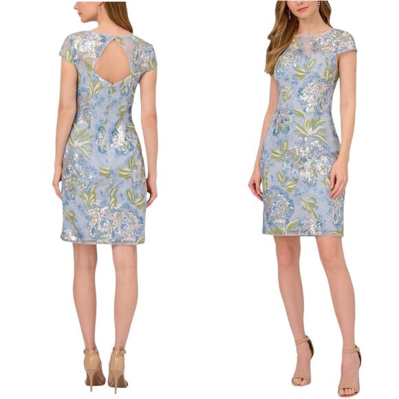 ADRIANNA PAPELL Sheath Cocktail Dress Blue Embellished Sequins Short Sleeves 8 - Picture 12 of 12